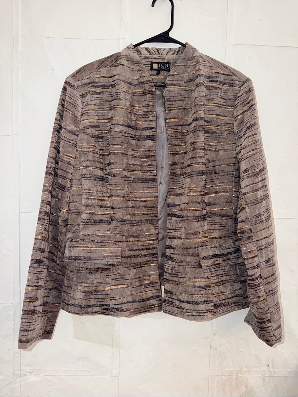 Toni Morgan open front jacket multi tonal brown and metallic stripe pattern